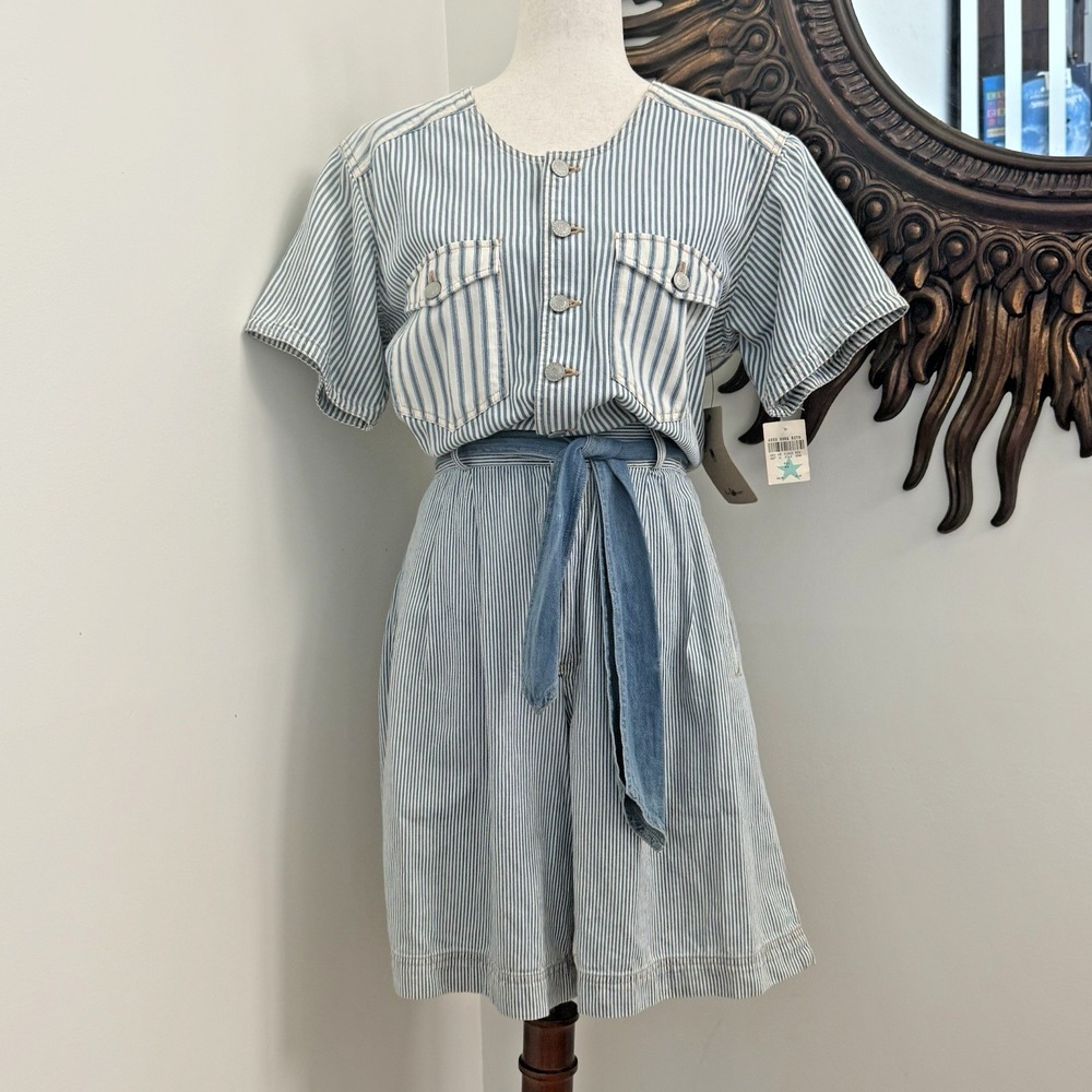 Vintage Gloria Vanderbilt Signature Denim Romper Women Medium Blue Stripe NWT